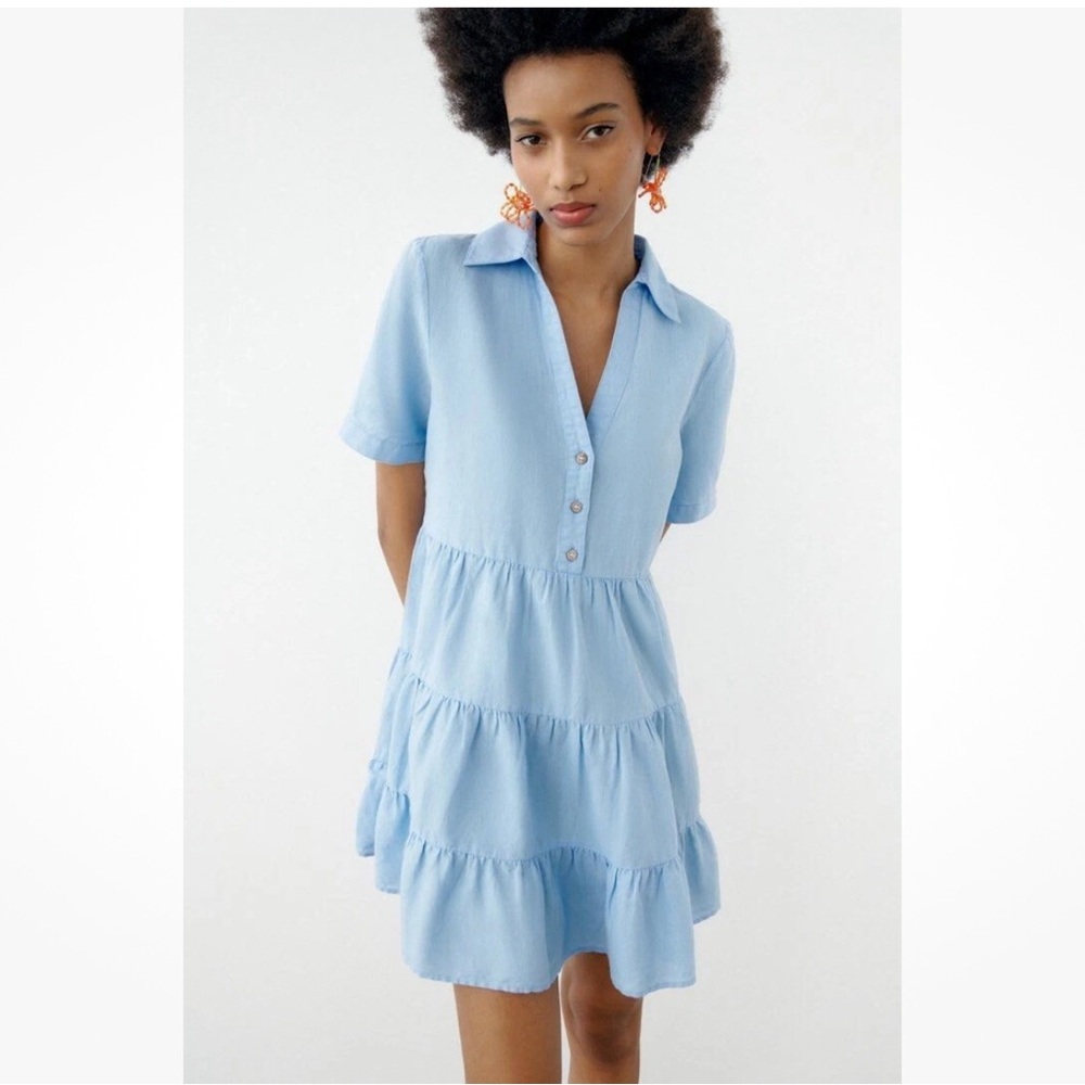 Zara linen blend Tiered dress sz M - Picture 2 of 6